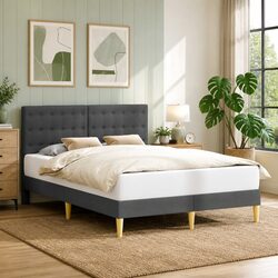 Bed Frame with Headboard Dark Grey Fabric Modern Bedroom Furniture Slatted Base