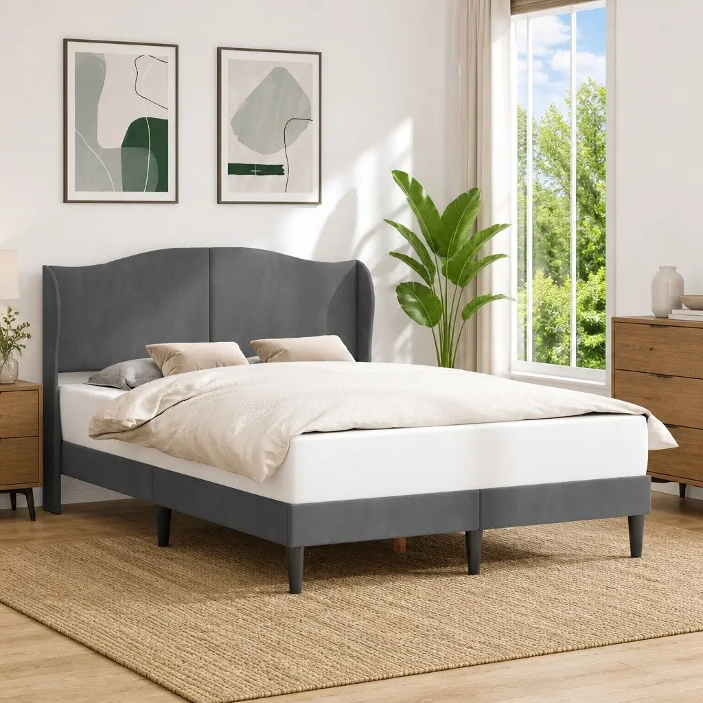 Bed Frame Velvet Headboard Dark Grey 137 x 190 cm Modern Platform
