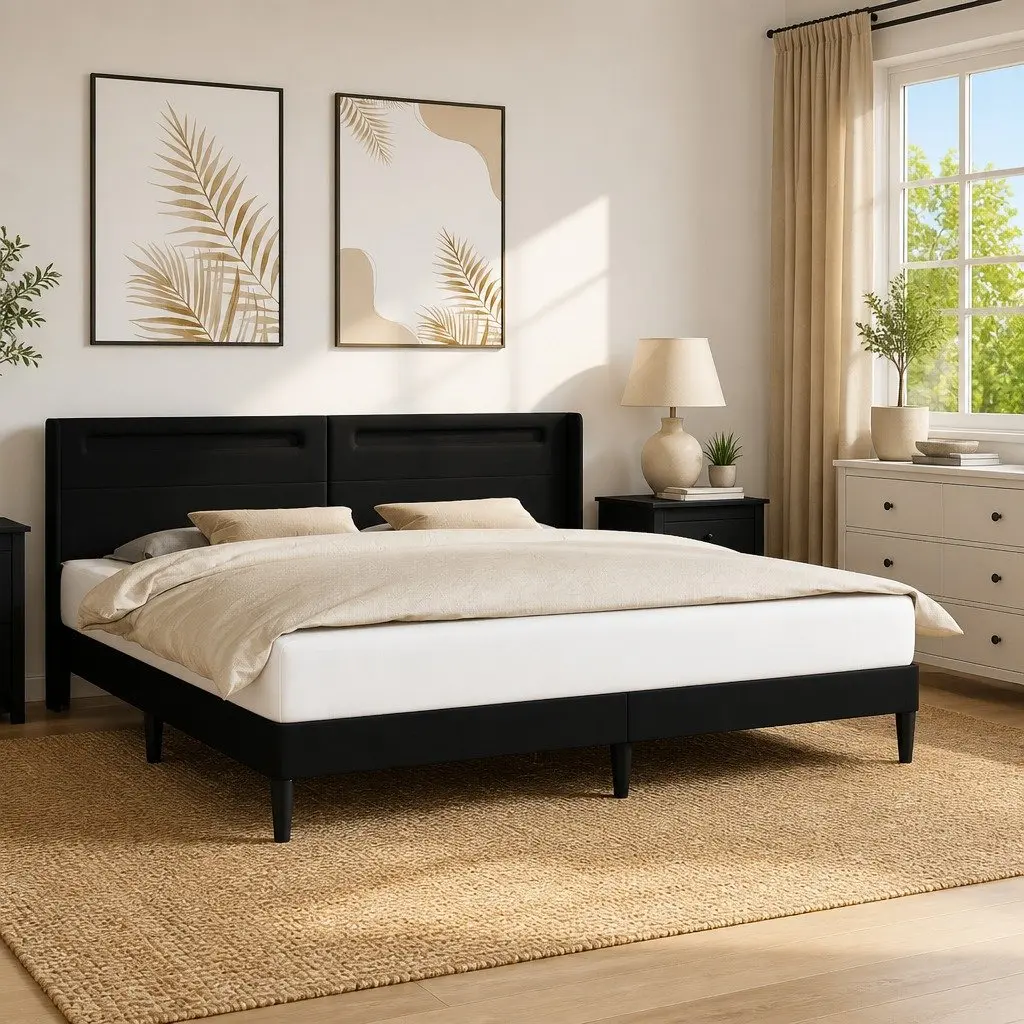 Black Bed Frame with Multicolour LED Strip Lights Faux Leather 180x200cm