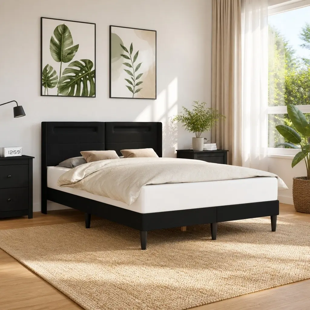 Bed Frame with LED Strip Lights Headboard Black Faux Leather Modern Bedroom