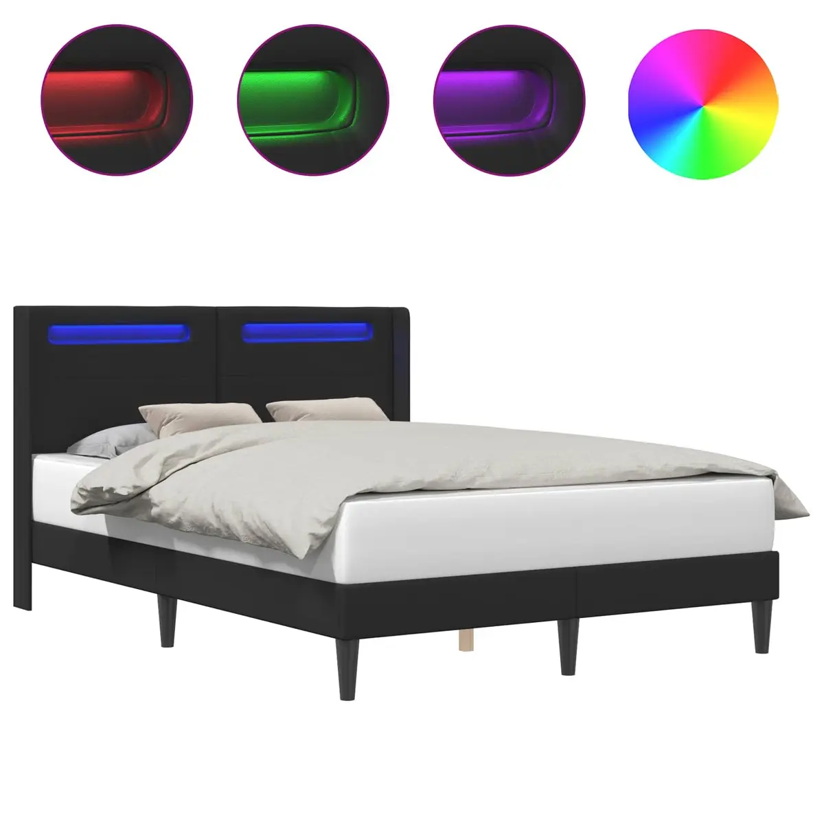 Bed Frame with LED Strip Lights Headboard Black Faux Leather Modern Bedroom