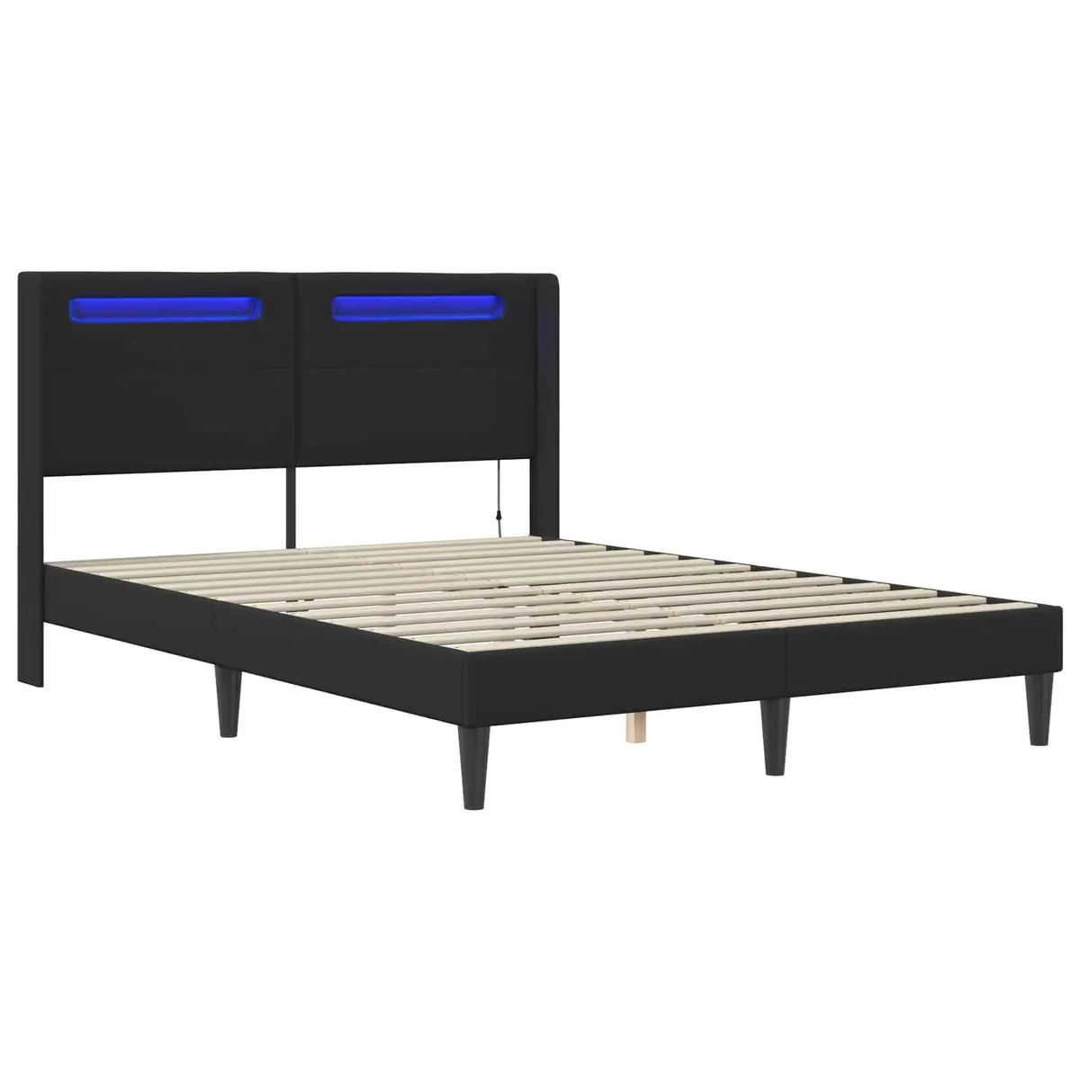 Bed Frame with LED Strip Lights Headboard Black Faux Leather Modern Bedroom