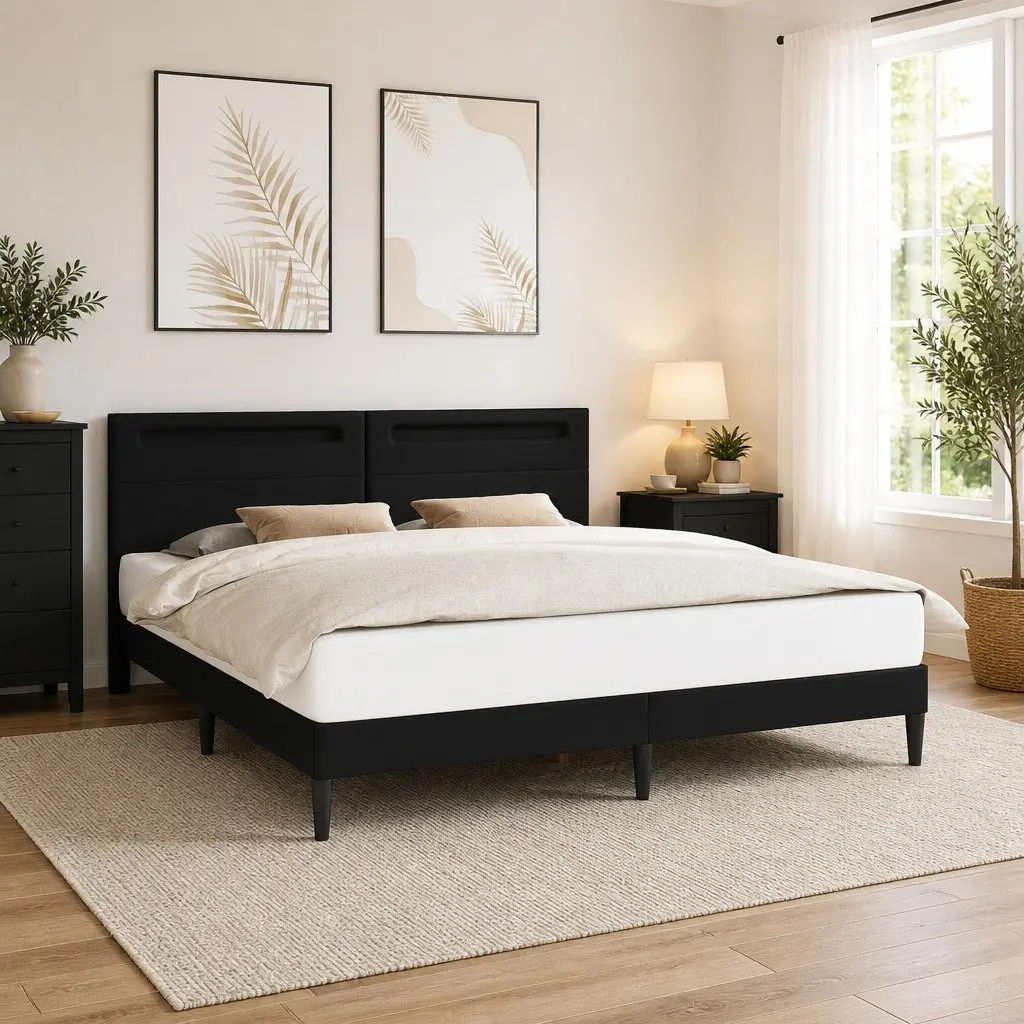 Black Faux Leather Bed Frame with Slatted Base 180 x 200 cm LED Lighting and USB