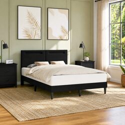Black Bed Frame Faux Leather Modern Style Slatted Base LED Lighting USB Powered