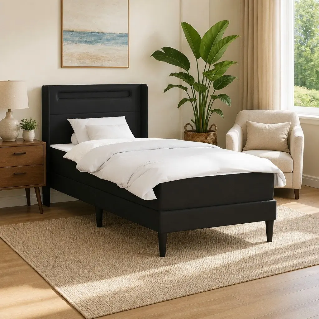 Black Bed Frame with Mattress 90 x 190 cm Faux Leather LED USB Ports
