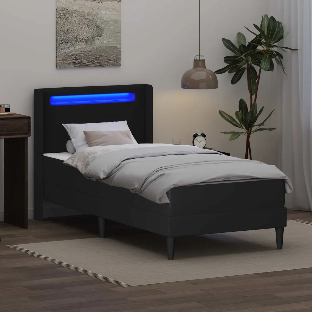 Black Bed Frame with Mattress 90 x 190 cm Faux Leather LED USB Ports