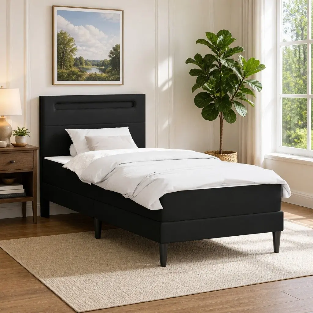 Bed Frame with LED Strip Lights Black 90 x 190 cm Faux Leather Headboard Storage