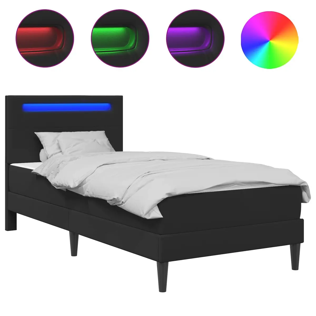 Bed Frame with LED Strip Lights Black 90 x 190 cm Faux Leather Headboard Storage