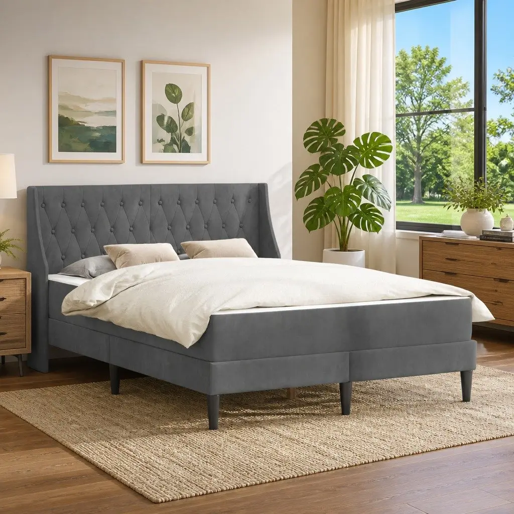 Bed Frame with Integrated Mattress Velvet Upholstered Grey 137 x 190 cm