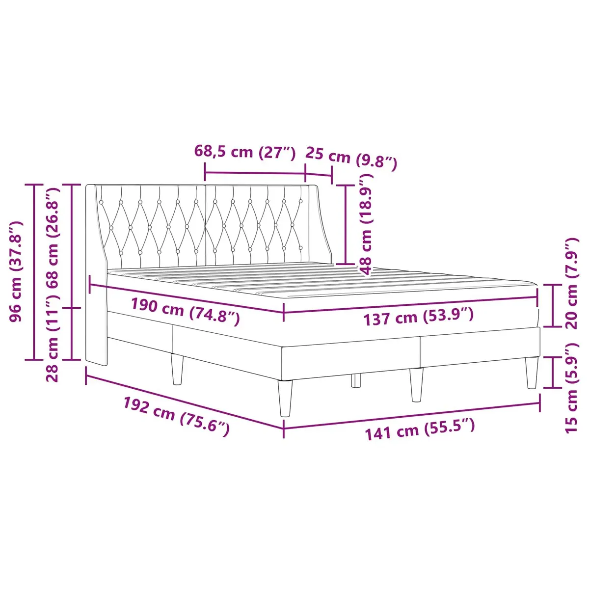 Bed Frame with Integrated Mattress Velvet Upholstered Grey 137 x 190 cm