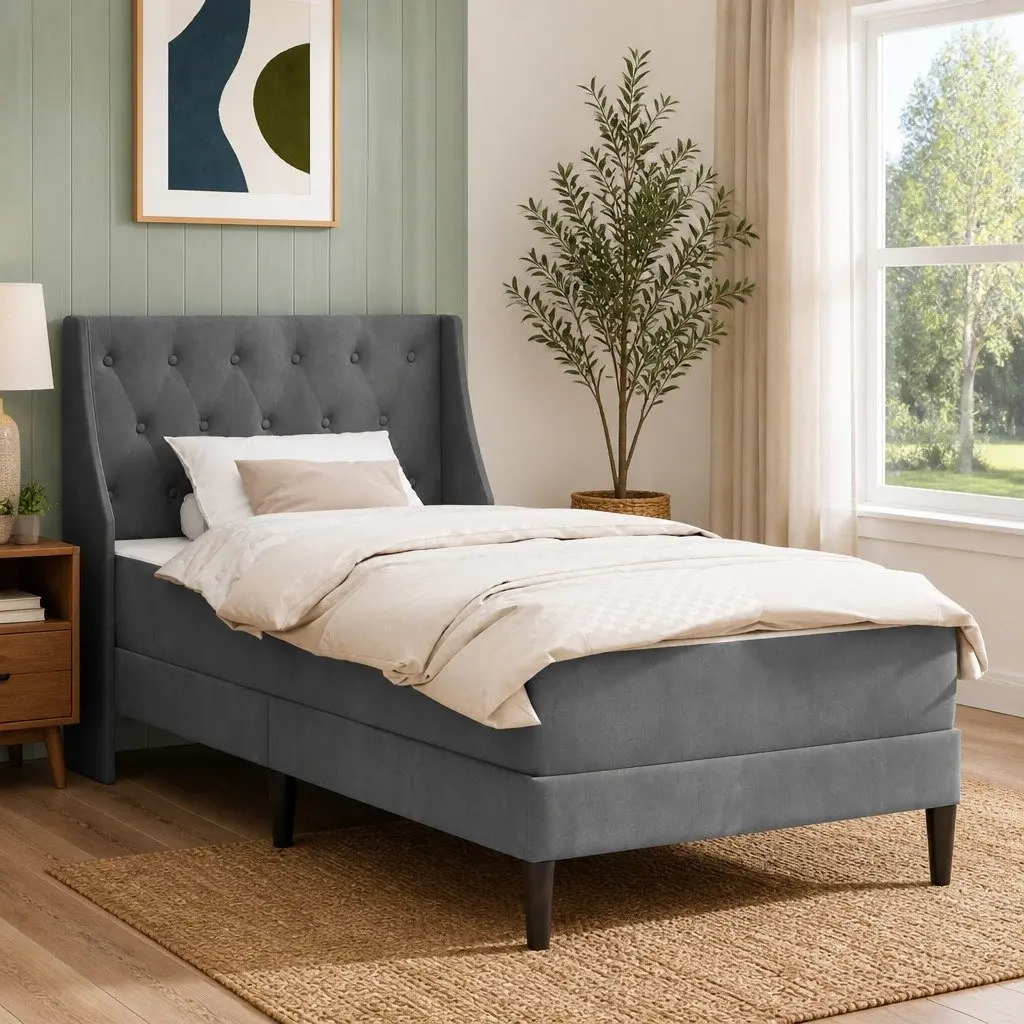 Bed Frame with Integrated Mattress Grey Velvet Modern 107 x 203 cm