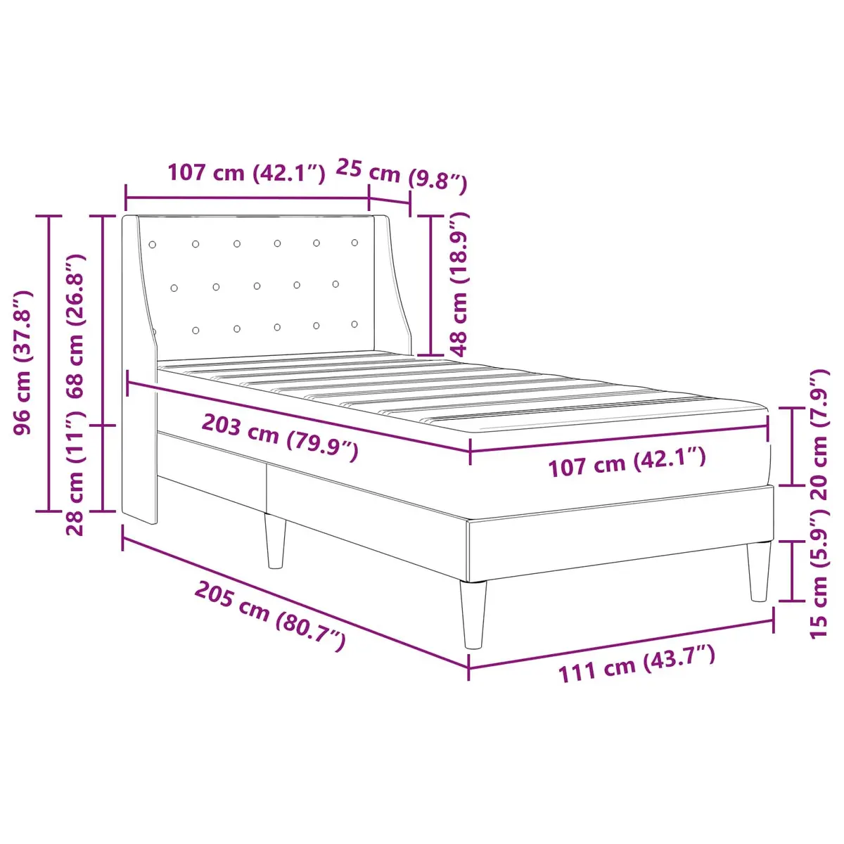 Bed Frame with Integrated Mattress Grey Velvet Modern 107 x 203 cm