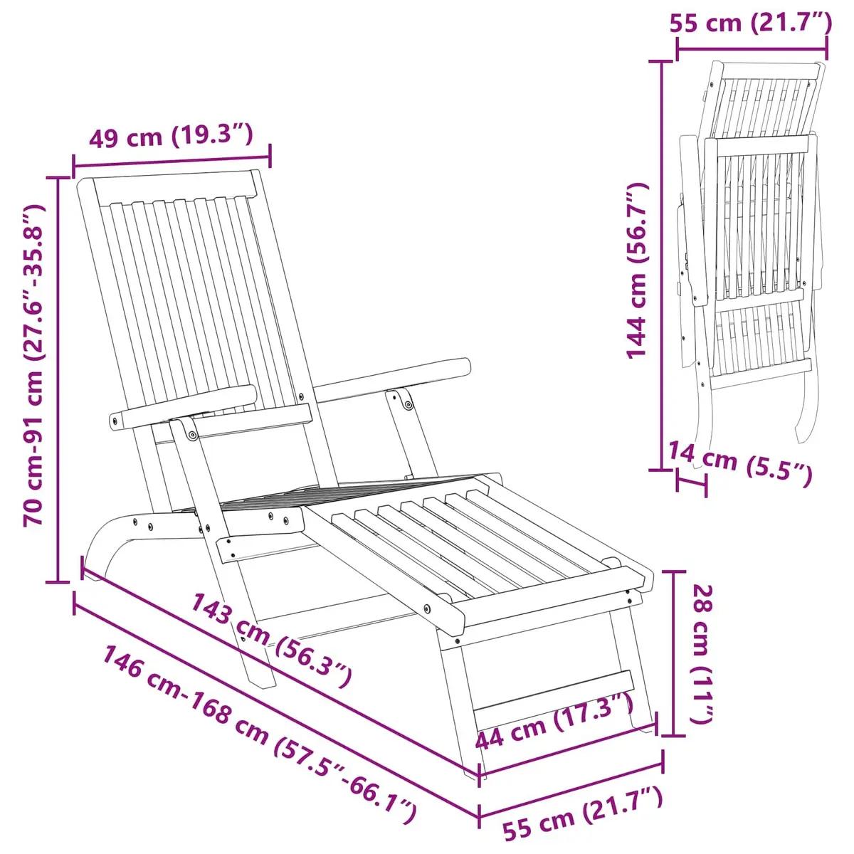Solid Acacia Wood Sun Lounger Adjustable Reclining Folding Chair Garden Patio Outdoor