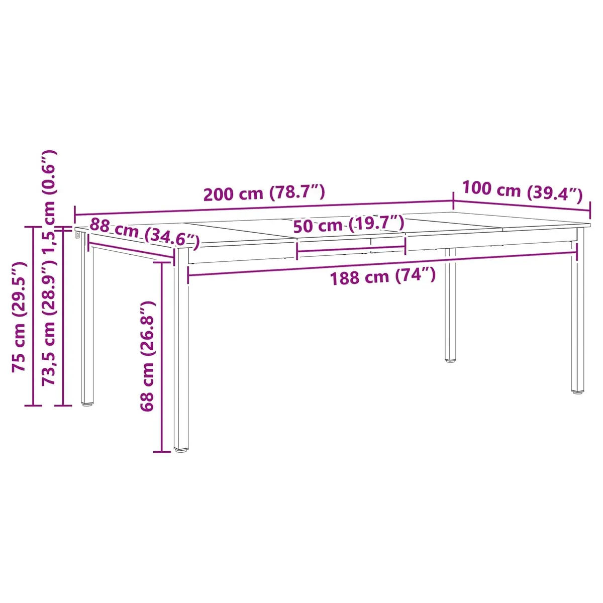 Dining Table Solid Pine Wood Natural 200 x 100 x 75 cm