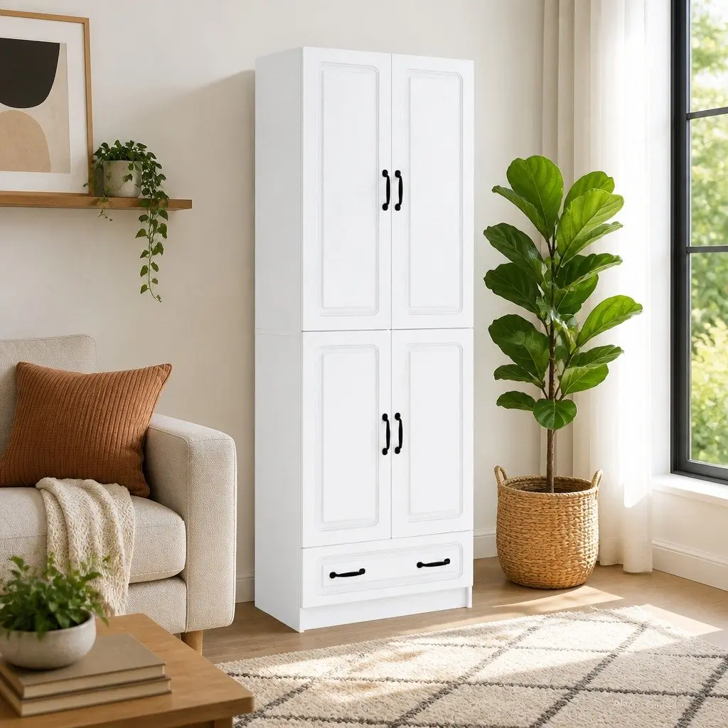White Cabinet Set 2 Pieces Engineered Wood Furniture Home Storage Living Room