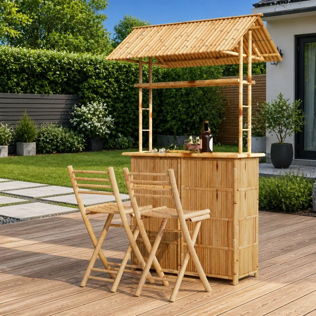 Bamboo Bar Set Tropical Brown Foldable 3 Piece Garden Patio Outdoor Furniture