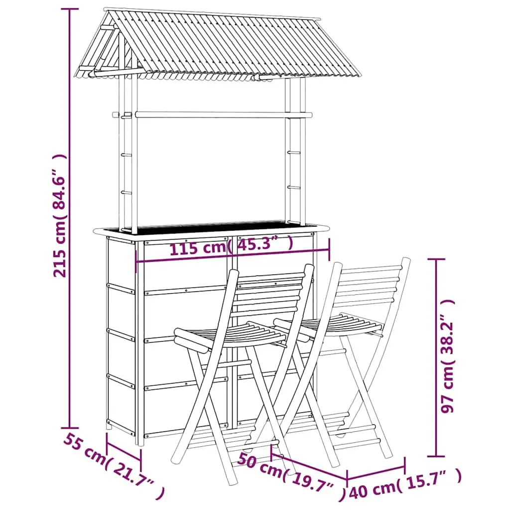 Bamboo Bar Set Tropical Brown Foldable 3 Piece Garden Patio Outdoor Furniture