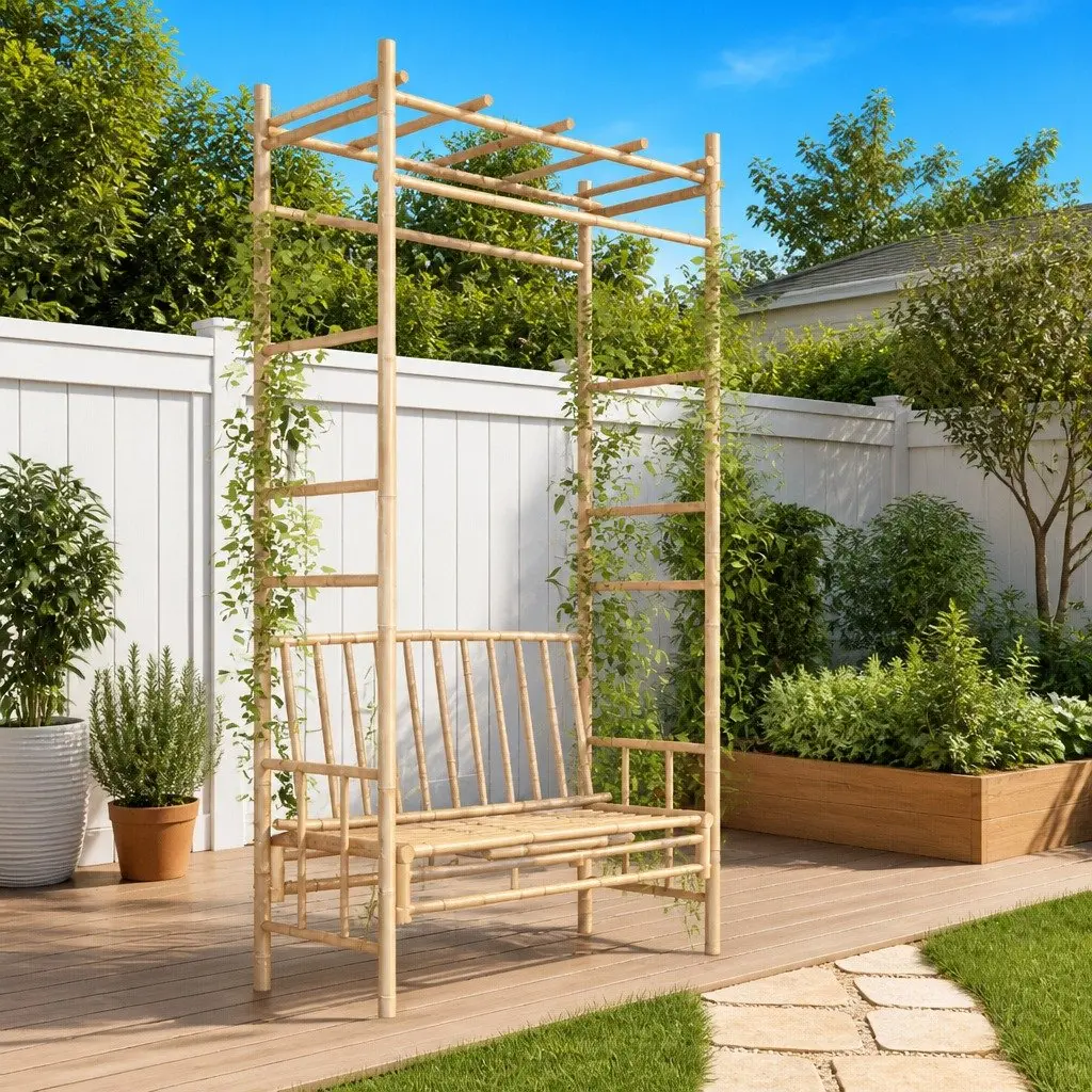 Bamboo Garden Bench with Trellis Pergola Outdoor Seating Brown 116cm