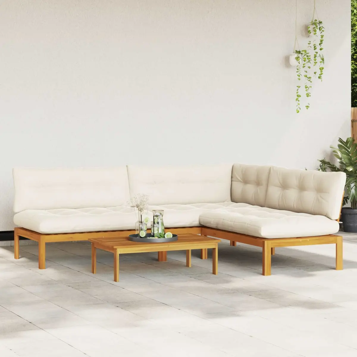 Outdoor Sectional Sofa Set Rustic Acacia Wood 4 Piece Corner Lounge with Low Table
