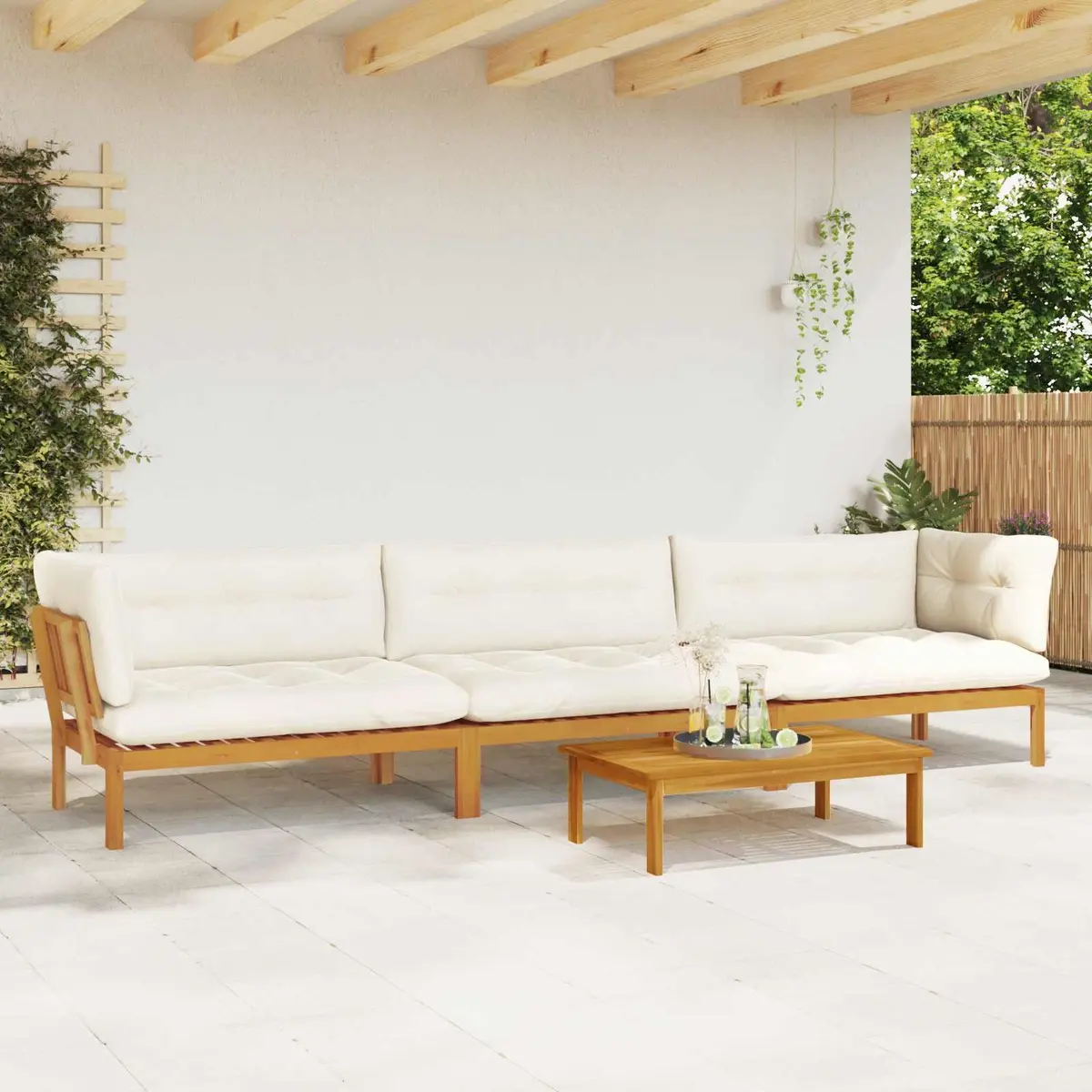 Outdoor Sectional Sofa Set Rustic Acacia Wood 4 Piece Garden Lounge with Low Table
