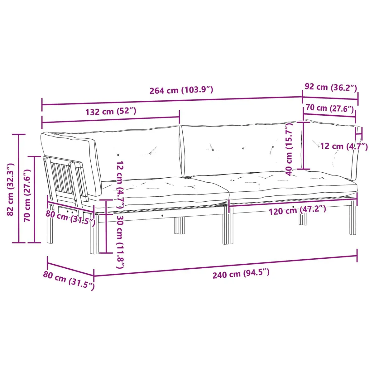 Outdoor Sectional Sofa Corner Lounge Set 2 Piece with Low Table Garden Patio