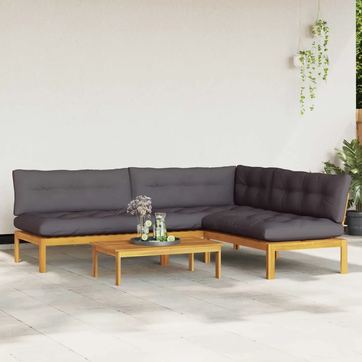 Outdoor Sectional Sofa Garden Pallet Set 4 Piece Solid Acacia Wood Corner Lounge with Foam Cushions