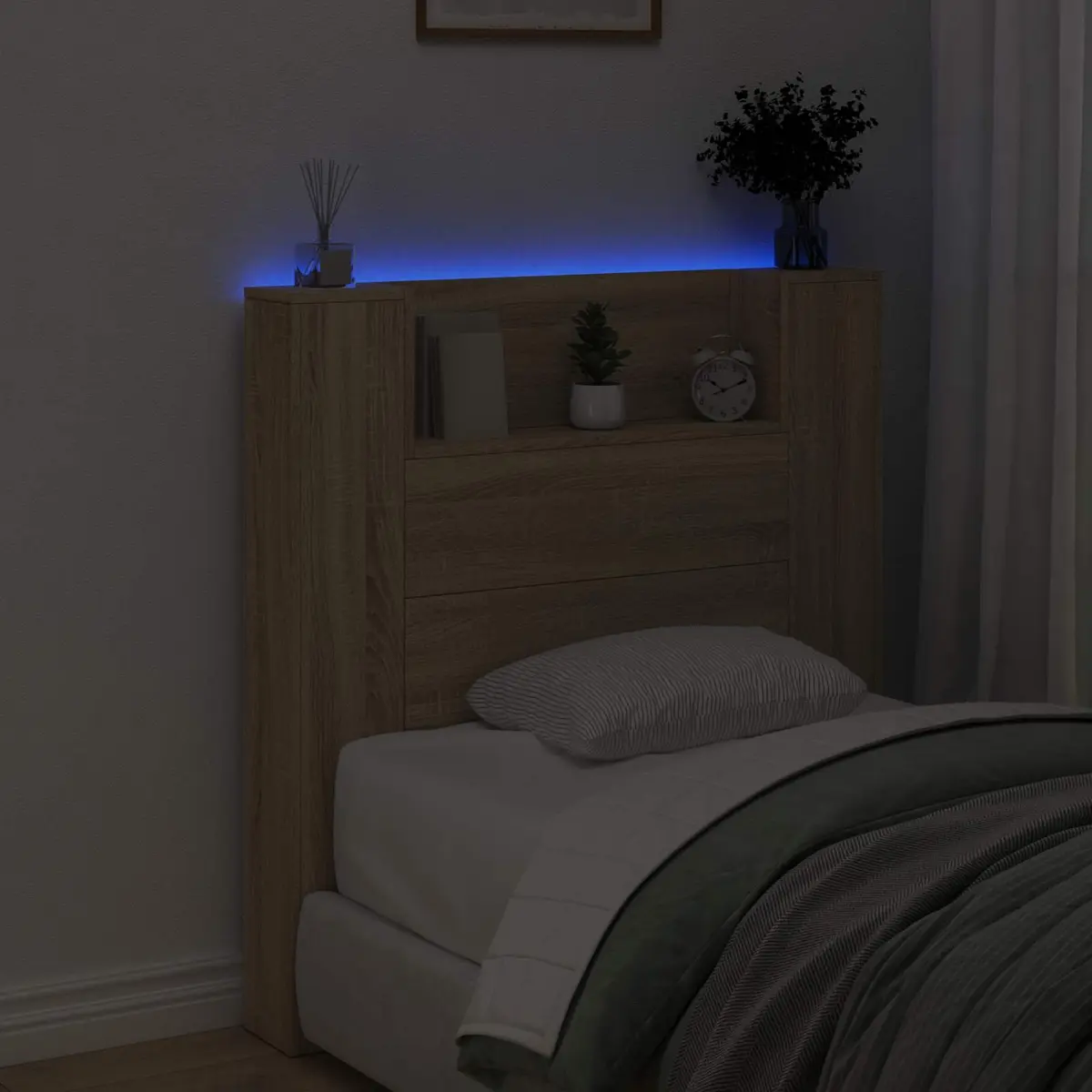 Storage Headboard with RGB LED Lights Engineered Wood Bedroom Furniture