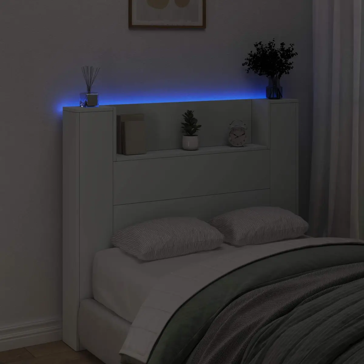 Storage Headboard with RGB LED Lights White Engineered Wood Bedroom Shelf