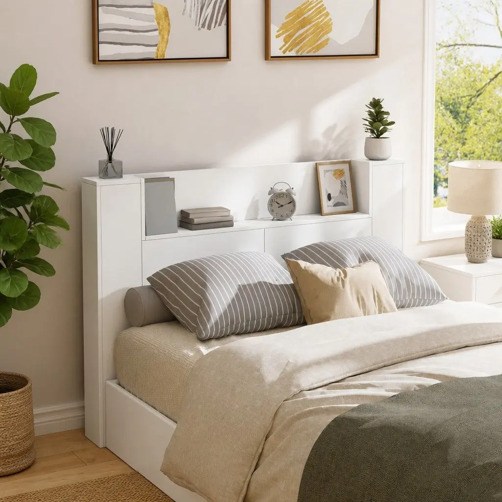 RGB LED Lighting Storage Headboard White Engineered Wood Bedroom Shelf