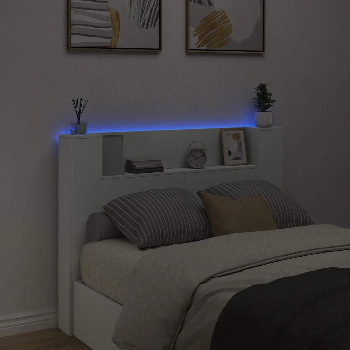 RGB LED Lighting Storage Headboard White Engineered Wood Bedroom Shelf