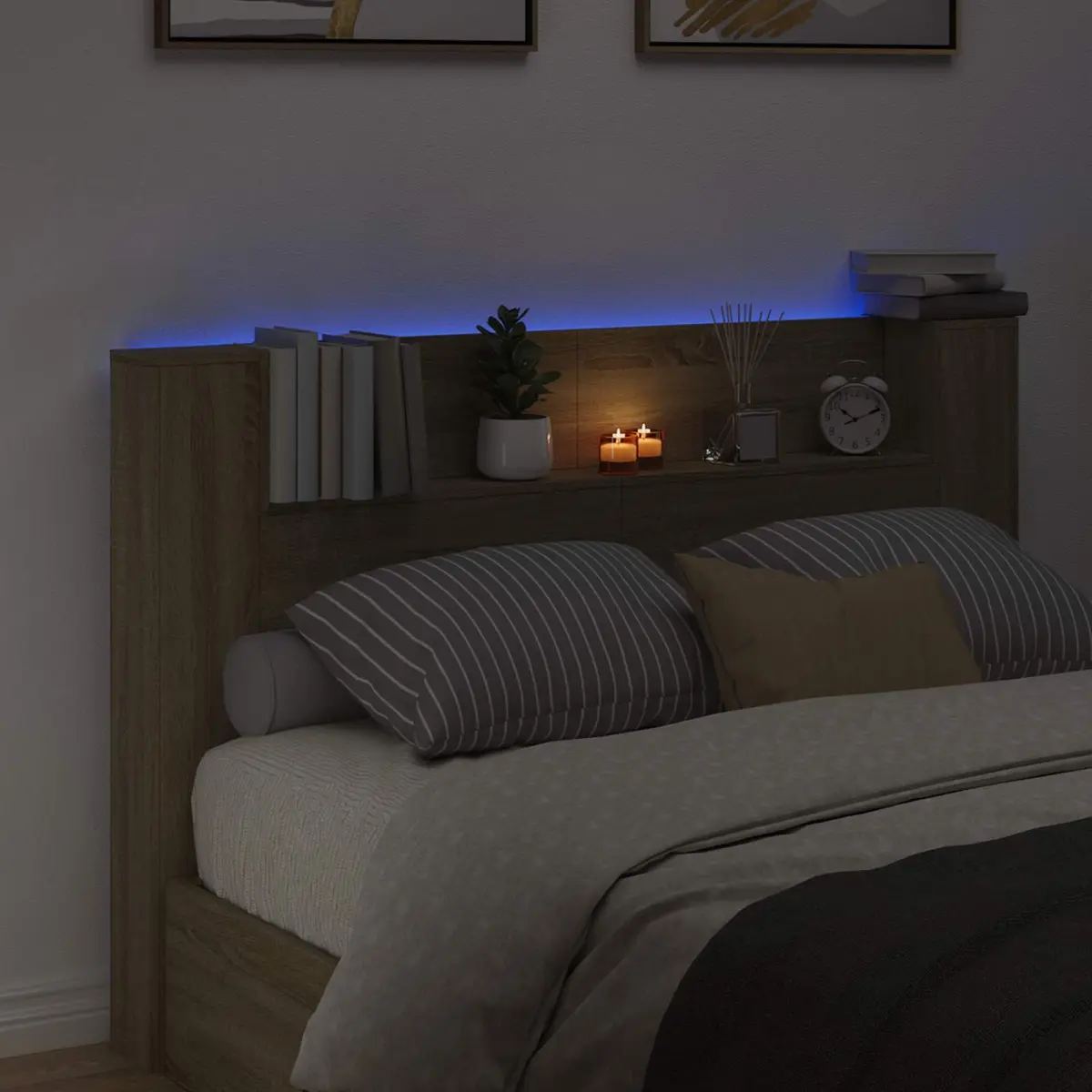 Storage Headboard with LED Lights Engineered Wood Brown Size
