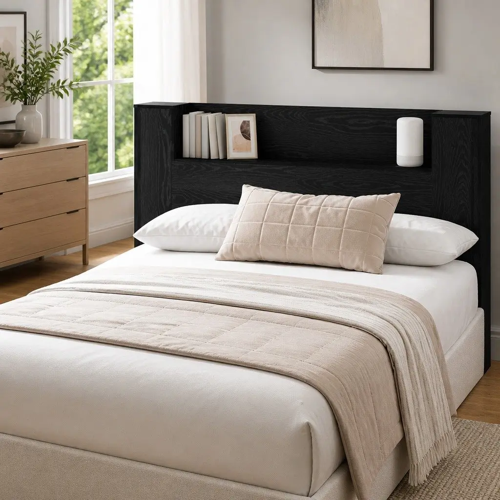 RGB LED Light Storage Headboard Engineered Wood Black Bedroom Furniture