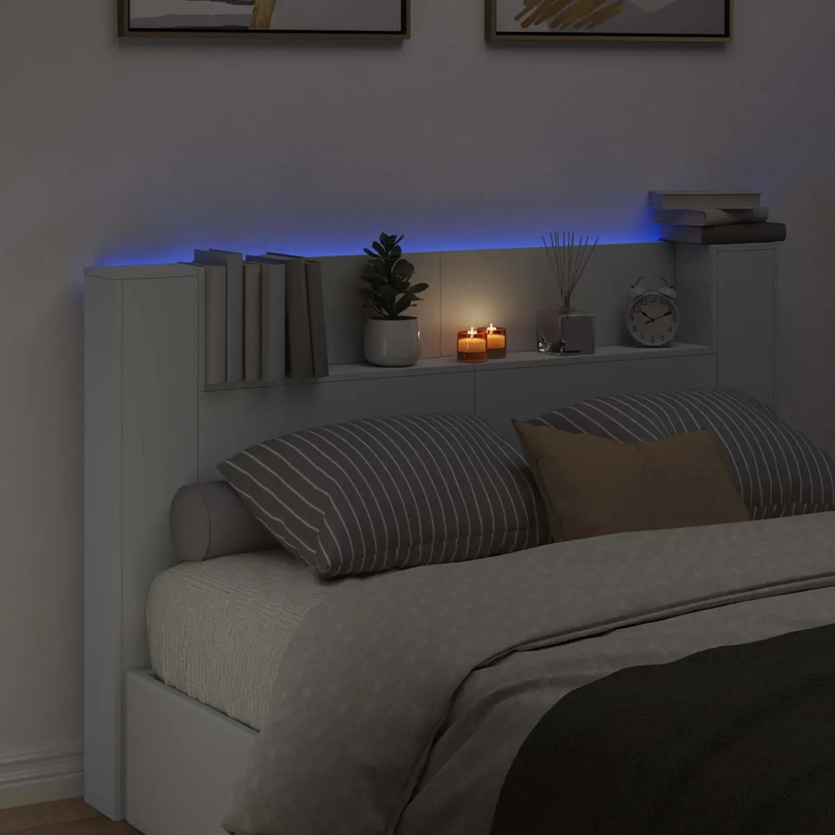 Storage Headboard with RGB LED Lights White Engineered Wood Bedroom Shelf