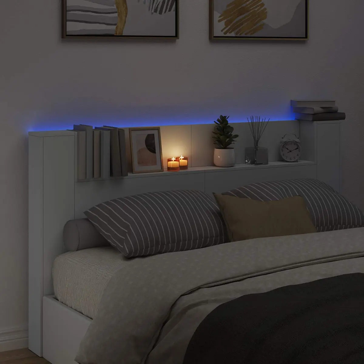 White Storage Headboard with LED Lights
