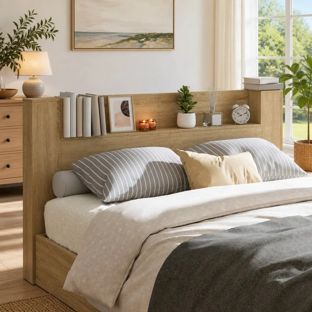 Storage Headboard with LED Lights Brown Engineered Wood