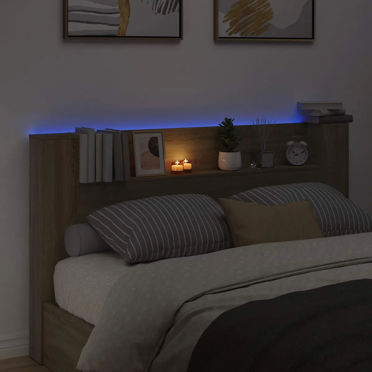 Storage Headboard with LED Lights Brown Engineered Wood