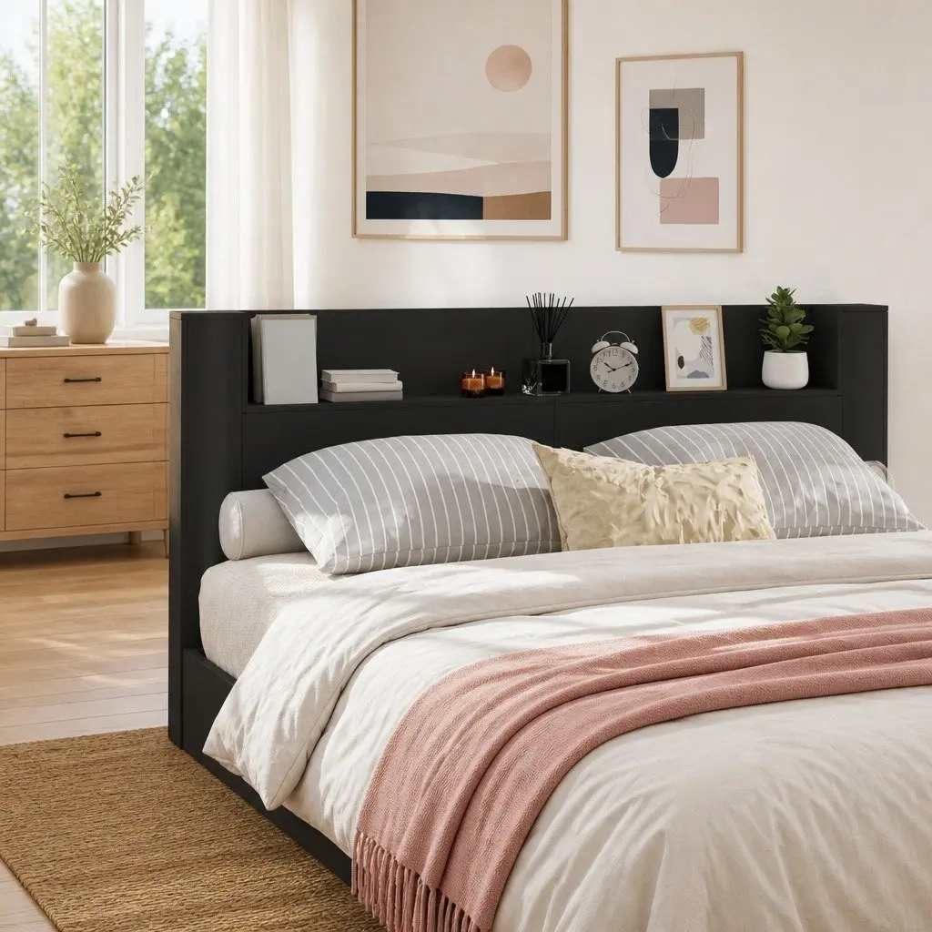 Storage Headboard with RGB LED Lights Black Engineered Wood