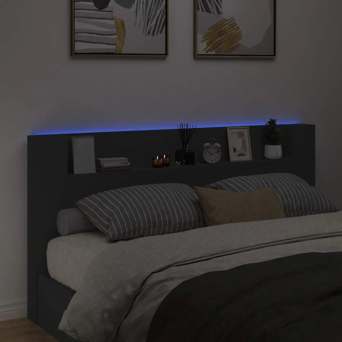 Storage Headboard with RGB LED Lights Black Engineered Wood