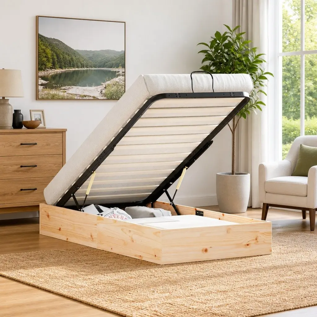 Ottoman Bed Frame with Storage Gas Lift-up Natural Wood 90 x 190 cm