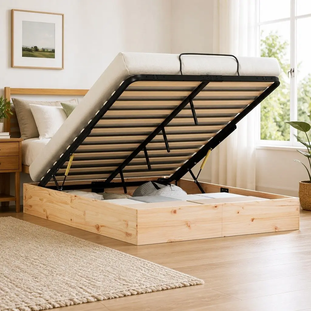 Ottoman Bed Frame Gas Lift Storage 135 x 190 cm Modern Pine Wood Furniture