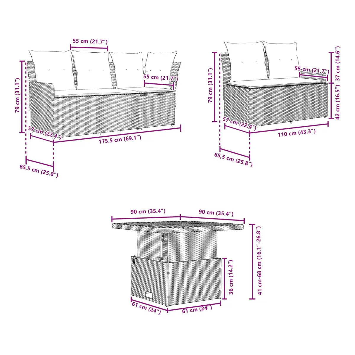 Outdoor Furniture Set Modern 4 Piece Patio Lounge Sofa with Cushions Grey Rattan