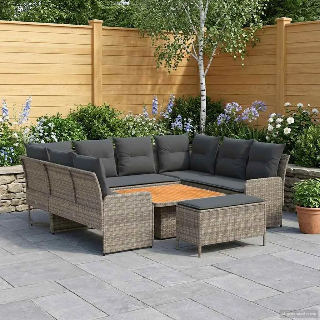 7 Piece Outdoor Indoor Furniture Set Grey PE Rattan Sofa with Cushions Patio