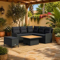 5 Piece Outdoor Indoor Furniture Set PE Rattan Sofa Lounge with Cushions Black