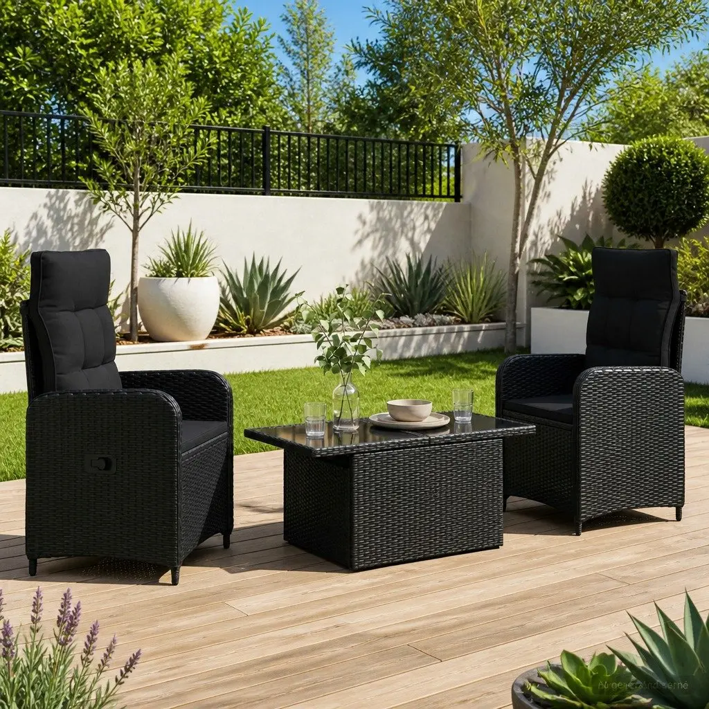 Outdoor Dining Set Adjustable Black Poly Rattan 3 Pieces