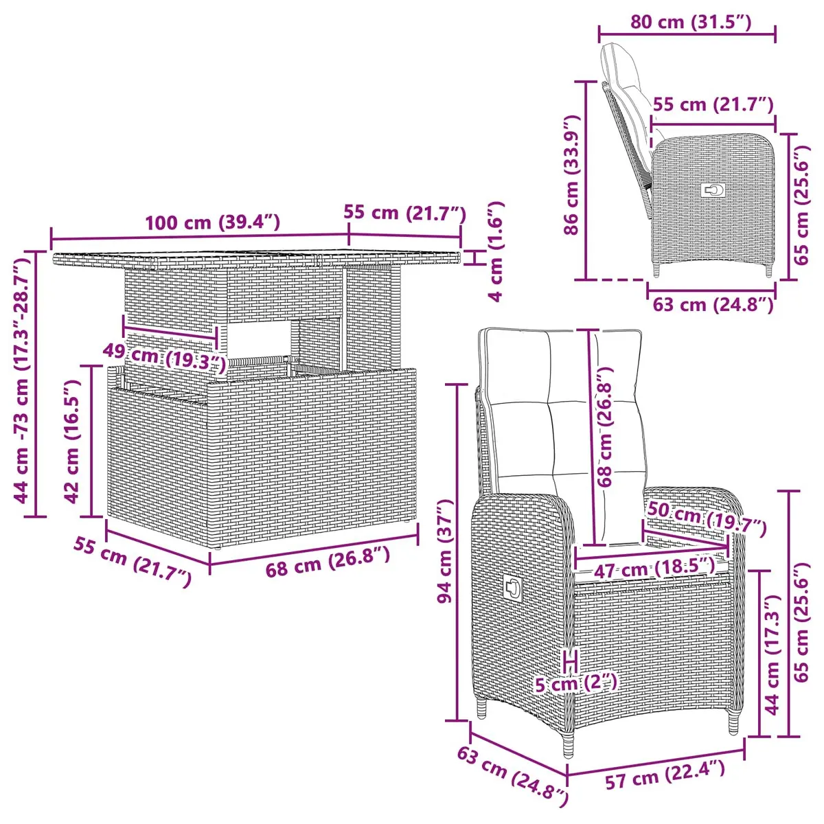 Outdoor Dining Set Adjustable Black Poly Rattan 3 Pieces