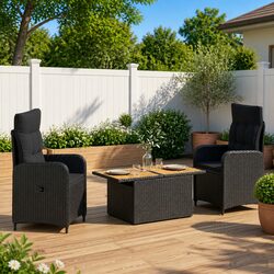 Outdoor Dining Set 3 Piece Black Garden Furniture Reclining Chair Table Patio