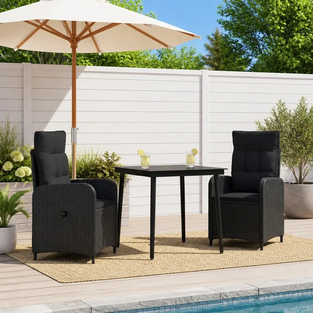3 Piece Outdoor Patio Furniture Set Adjustable Backrest Black PE Rattan Steel Frame
