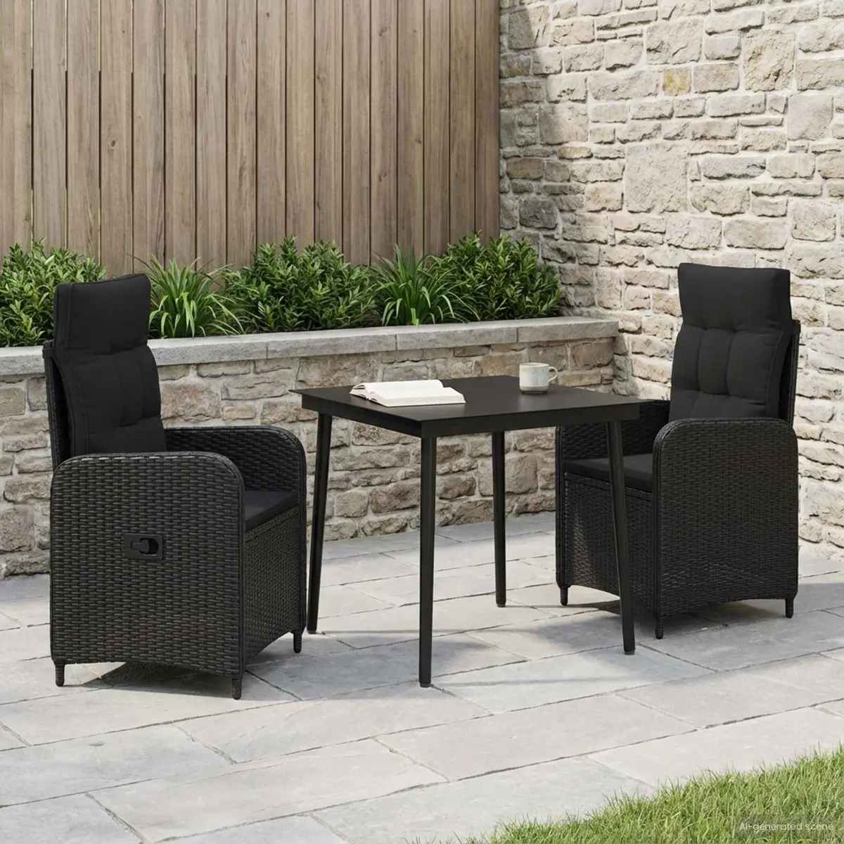 3 Piece Outdoor Patio Furniture Set Adjustable Backrest Black PE Rattan Steel Frame