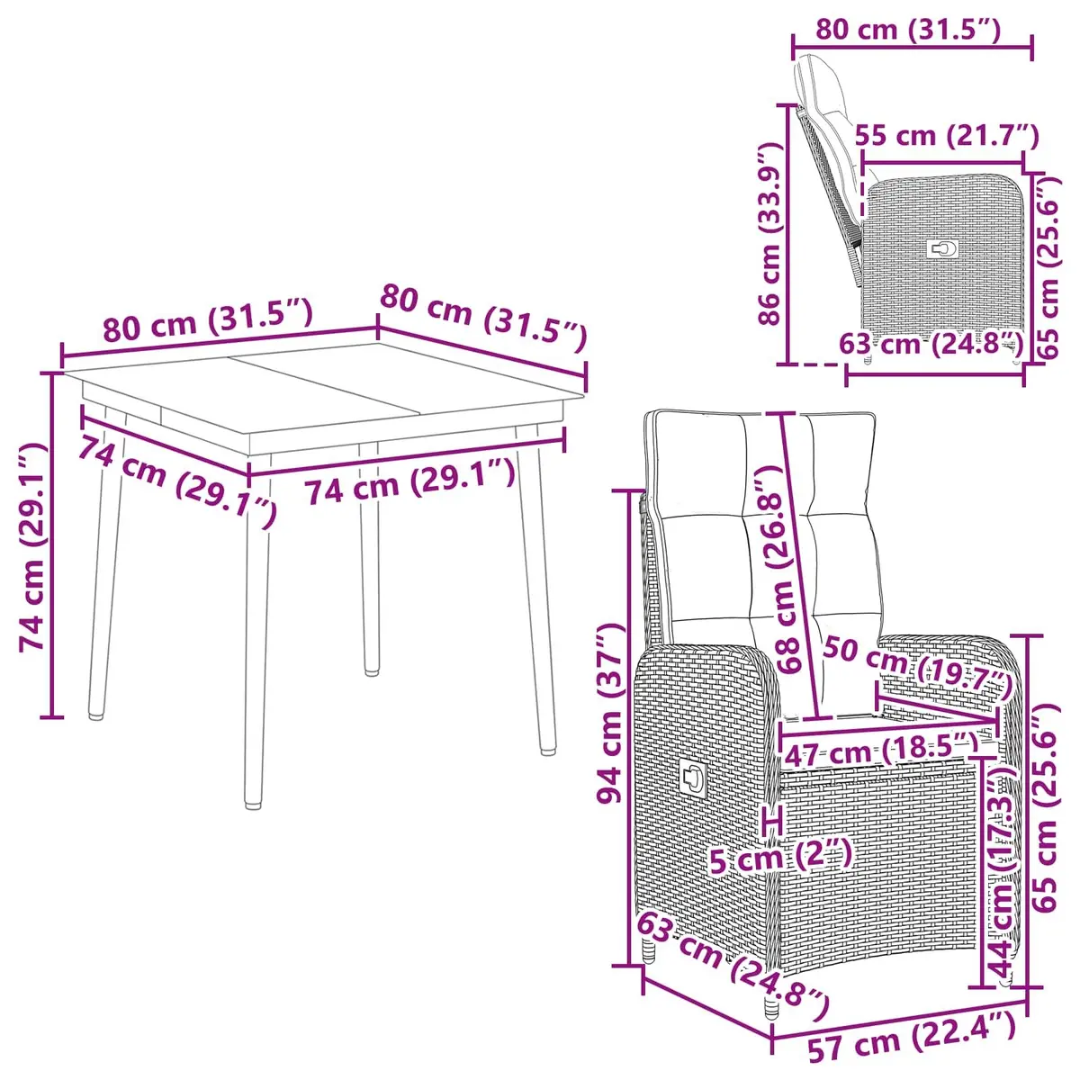 3 Piece Outdoor Patio Furniture Set Adjustable Backrest Black PE Rattan Steel Frame