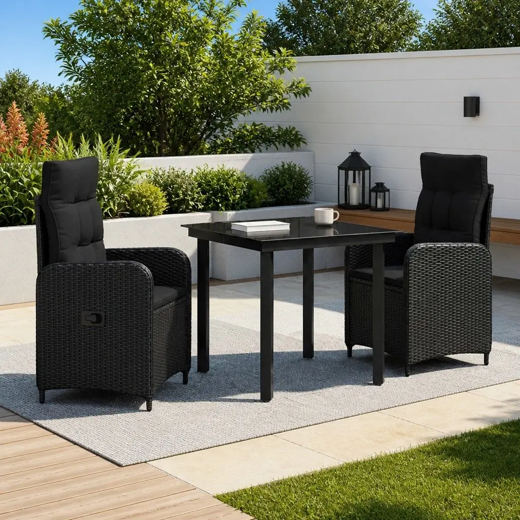 Garden Dining Set Adjustable Chairs 3 Piece Black PE Rattan Outdoor Table Patio Furniture